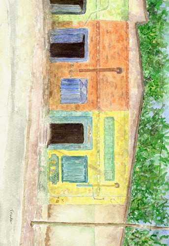 Ethiopian street facade with colourful shuttered doors — watercolour